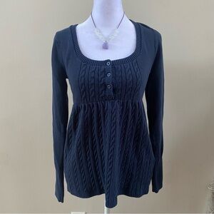Hollister Navy Blue Cable Knit Babydoll Sweater with Button Detailing